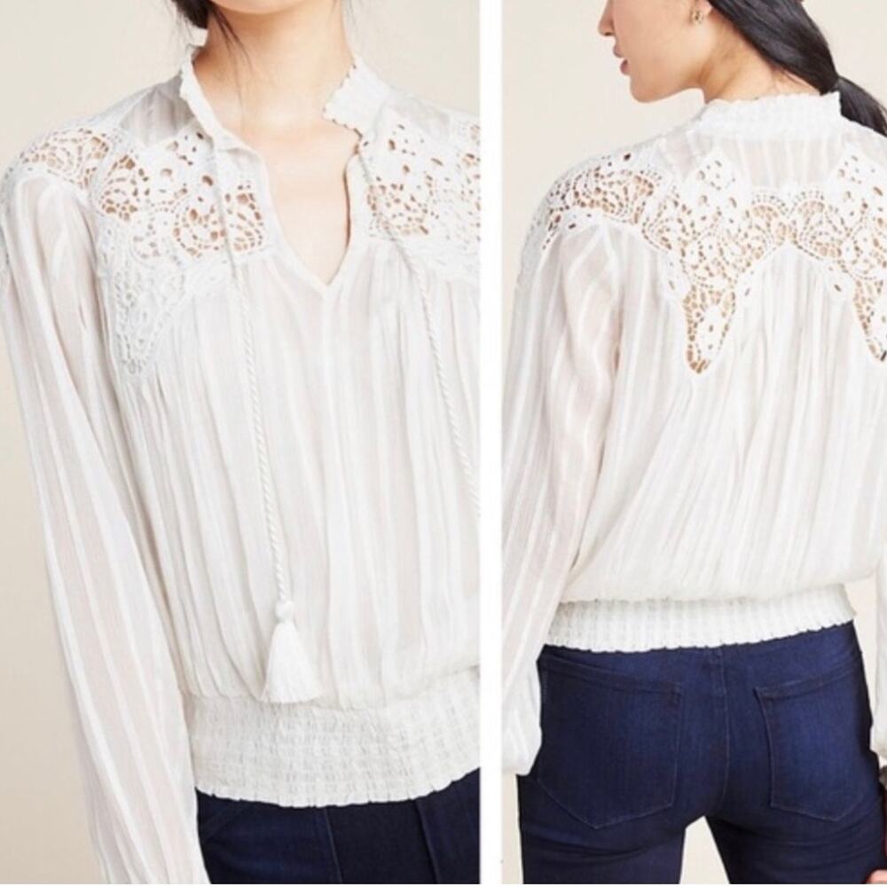 Anthropologie Moira Long Sleeve Peasant Victorian Ivory Blouse Size 6